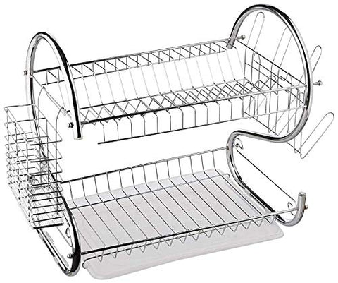 #SimSol - 2 Tier Dish Drying Rack S-Shaped Kitchen Stainless Steel Storage Sink Set Dishes Cups and Cutlery with Removable Plastic Drain Tray Utensil Board Organizer |Ship from US|