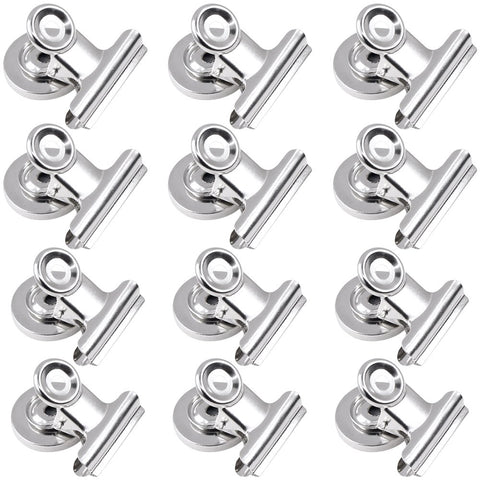 12pcs Refrigerator Iron Magnet Hook Clips- 6pcs 38mm Wide, 6pcs 30mm Wide, maxin Magnetic Clips Hooks Neodymium Magnet for Kitchen Office School Home Use- Silver.