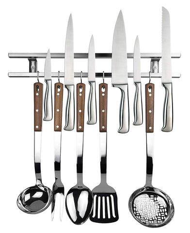 18 Inch Stainless Steel Magnetic Knife Holder & Space-Saving Strip for Kitchen Knives & Utensils, Office, Craft, Bar, Garage & Workshop Tools Wall Rack: Includes 6 Removable Hooks, Screws & Hardware