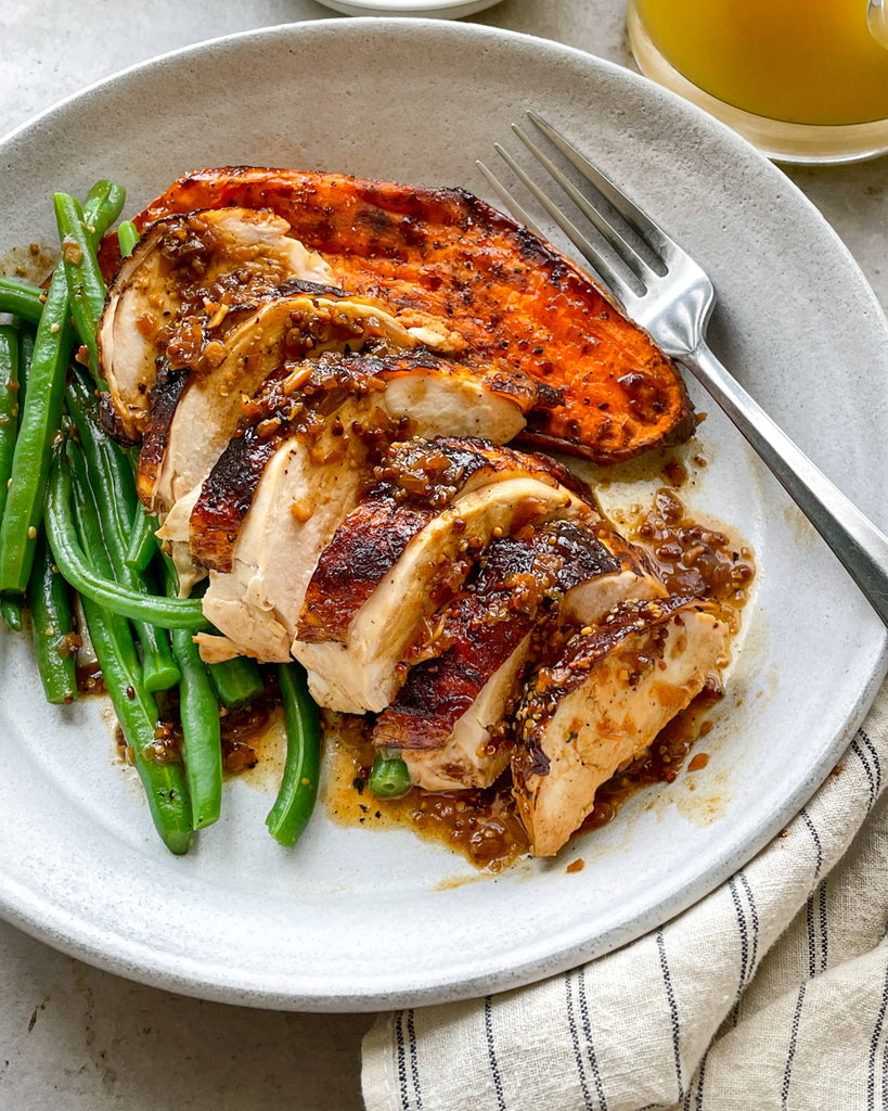 Pan-Roasted Orange Mustard Turkey Breast with Sweet Potatoes and Green Beans