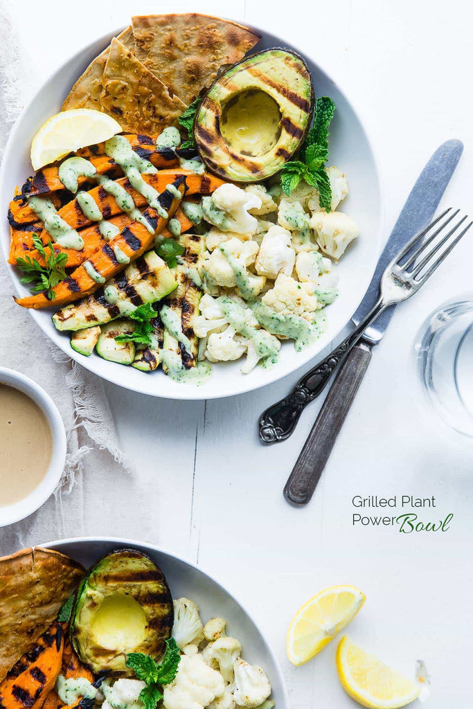 Tahini Grilled Avocado, Cauliflower and Sweet Potato Power Bowl