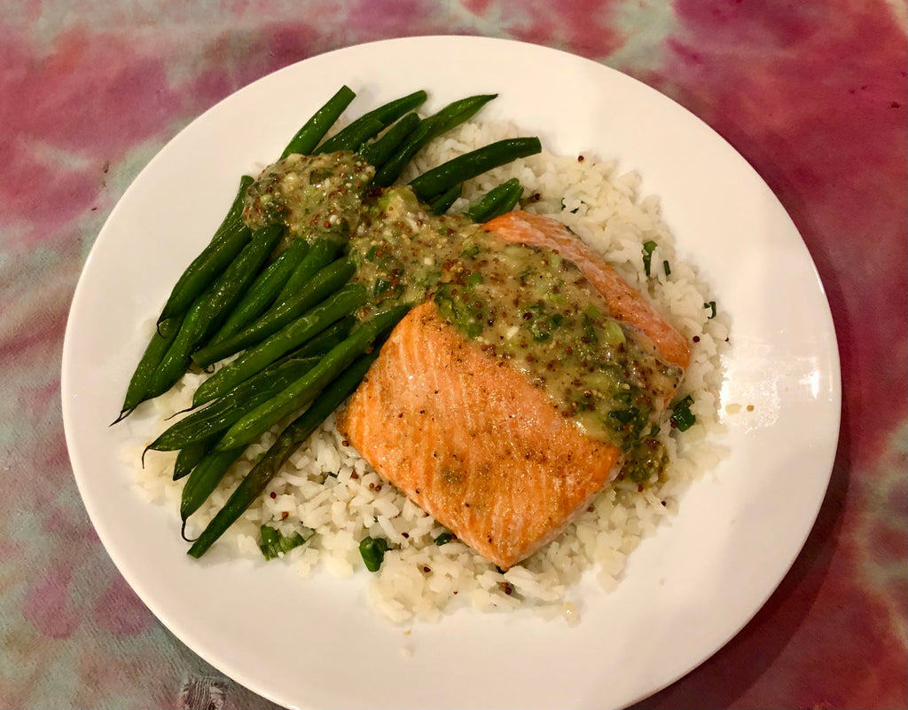 Salmon, rice, and green beans with a mustard sauce. 2/3/23
