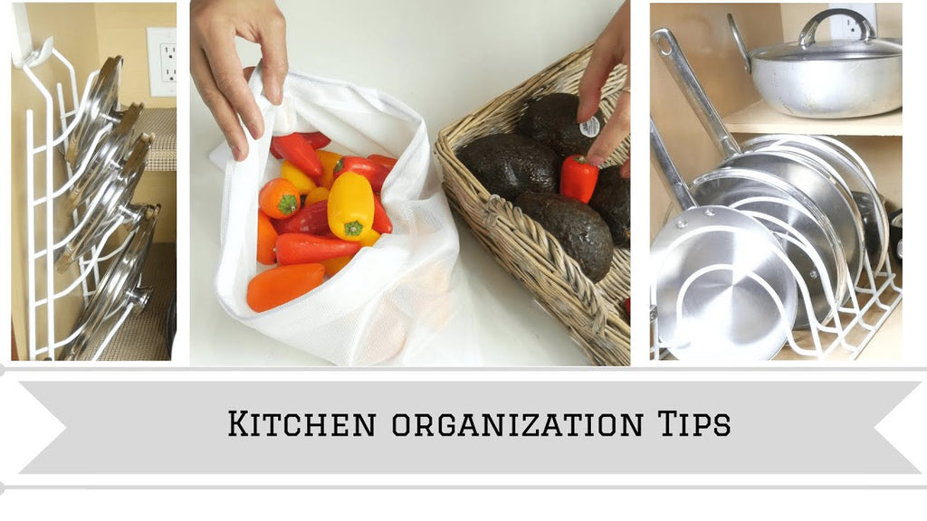 Kitchen Organization Tips including an updated under sink organization | how to organize pot lids | reusable produce bags | eco-friendly grocery bags and ...