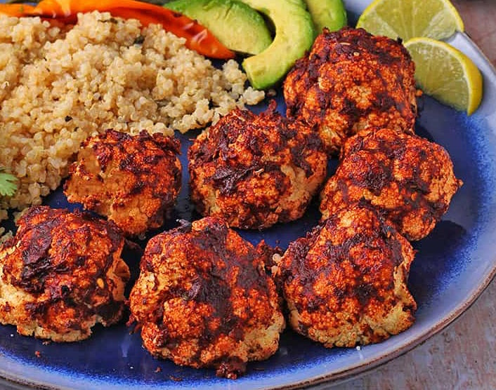 Roasted BBQ Cauliflower, Pepita Dressing and Cilantro-Lime Quinoa [Vegan]