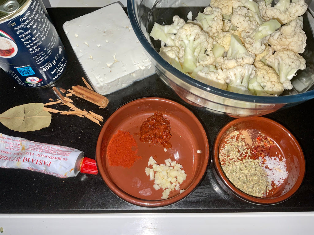 Baked Cauliflower in a Tomato Sauce with a Feta Topping