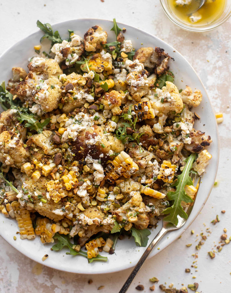 Grilled Cauliflower Salad with Smashed Feta Vinaigrette.