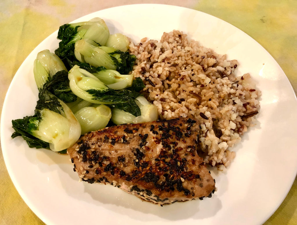 Tuna with rice and bok choy. 5/1/23