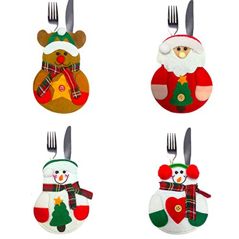 Flying Spoon 4pcs Christmas Cutlery Silverware Holders Snowman Shaped Knifes Forks Bag for Christmas Party Decoration