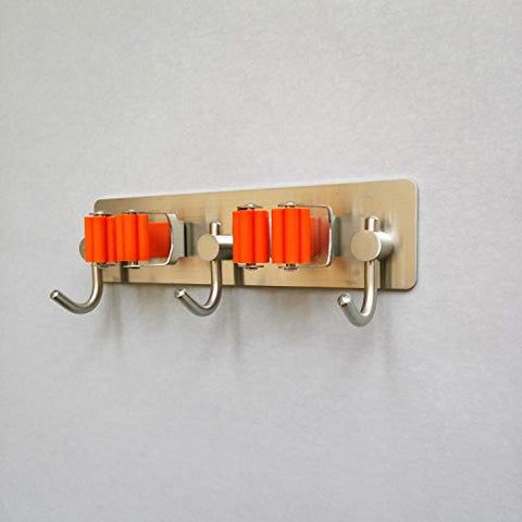 Togu Self Adhesive Mop and Broom Holder SUS 304 Stainless Steel Storage Rack Holder 2 Position 3 Hooks Weatherproof for Garage Storage Systems Broom Organizer,Brushed Finish,1 Pack