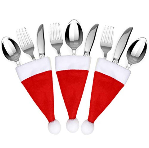 WeHome 20pc Christmas Silverware Holders Dinner Decorations,Cute Santa Hat Flatware Cutlery Knife Fork Spoon Holders Pockets Christmas Home Table Decor Party Supplies