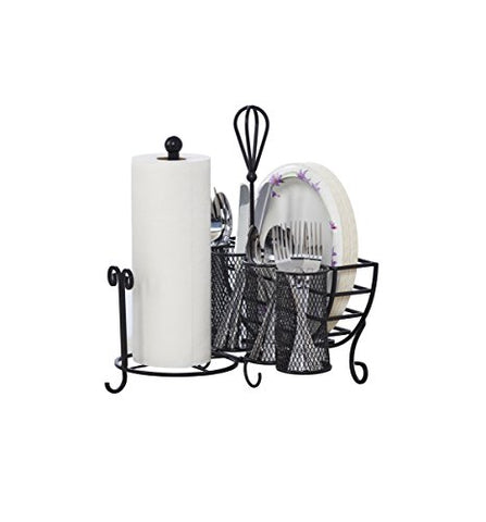 Gourmet Basics by Mikasa 5176813 Avilla Picnic Plate Napkin and Flatware Storage Caddy with Paper Towel Holder, Antique Black