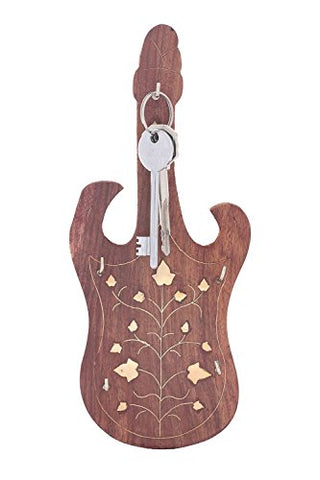 WhopperIndia Wooden Handmade Wall Mounted Key Holder Key Organizer with Brass Inlay and Guitar Shape 5 Hooks 9 Inch