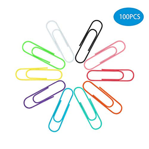 100 Pack 4 Inches / 100mm Paper Clips Extra Large Jumbo - Assorted Color 100mm Office Supply Accessories - Cute Coated Metal Paper Clip Needle - Multicoloured Bookmark. (10 Color)