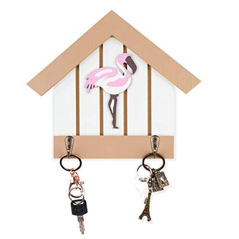 Key Holder for Wall - Flamingo Wall Mounted Key Hook, Wooden Key Hanger Rack, 9 x 1.5 x 7.7 Inches