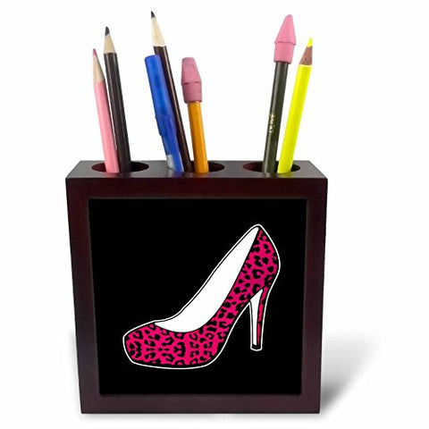 3dRose ph_57138_1 I Love Shoes Pink Cheetah High Heel Shoe on Black Tile Pen Holder, 5-Inch