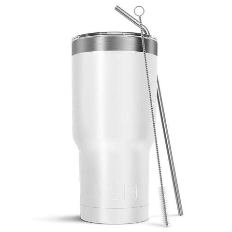 Atlin Tumbler [30 oz. Double Wall Stainless Steel Vacuum Insulation] Travel Mug [Crystal Clear Lid] Water Coffee Cup [Straw Included] (White) For Home,Office,School, Ice Drink, Hot Beverage