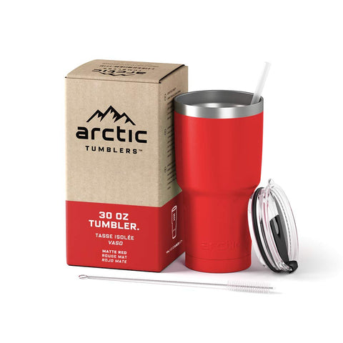 Arctic Tumblers Stainless Steel Camping & Travel Tumbler with Splash Proof Lid and Straw, Double Wall Vacuum Insulated, Premium Insulated Thermos - (Matte Red Powder Coat, 30 oz)