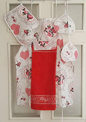 Sun Of Anatolia Kitchen Apron for Women/Men, Kitchen Cooking Apron Set,1 Apron,1 Oven Mitten,2 Pot Holders,1 Kitchen Towel/Washcloth Attached to Apron,Red and White