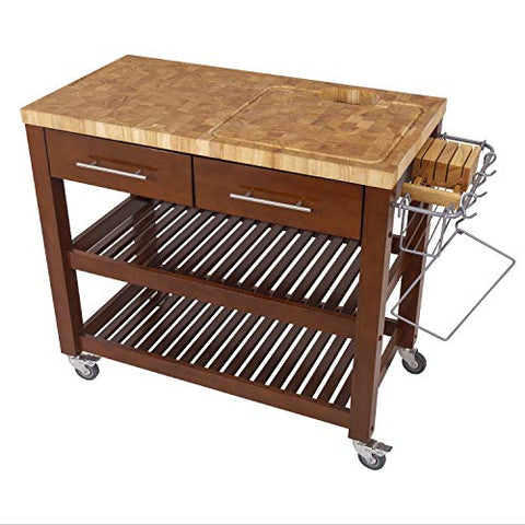 Chris & Chris Chef Series Rolling Kitchen Island - Food Prep Table with Durable Cutting Surface, Juice Groove and Collection Pan - Features 2 Drawers, 2 Shelves and Towel Bar, Espresso