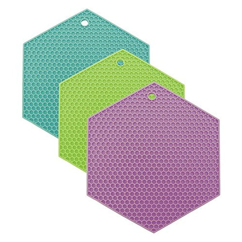 Lamson Honeycomb HotSpot Pot Holder/Trivet 3 piece Set, Coastal Colors with Aqua, Lime, and Pink