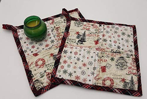 Vintage Holiday Quilted Christmas Potholders - Set of 2