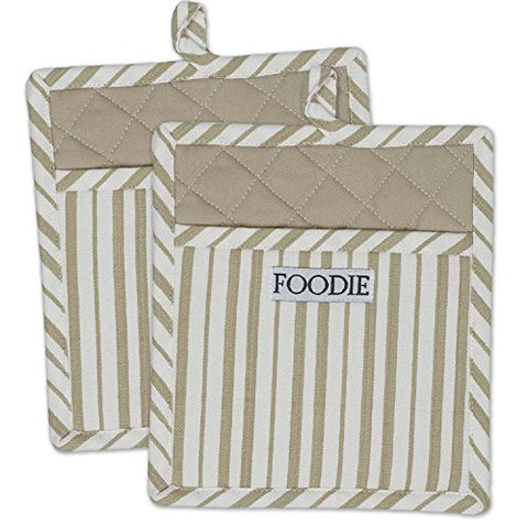 DII Cotton Gourmet Stripe Pot Holders with Pocket, 9 x 8" Set of 2, Machine Washable and Heat Resistant Pocket Mitts for Cooking and Baking-Mushroom Taupe