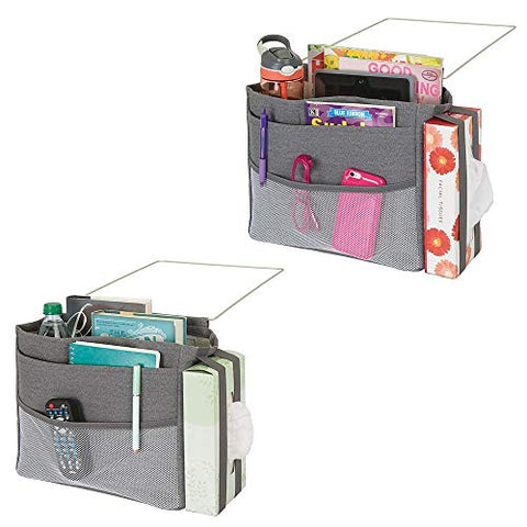 mDesign Bedside Hanging Storage Organizer Caddy Pocket - 5 Pockets, Elastic Side Straps for Tissue Box - Heavy Weight Cotton Canvas, Metal Wire Hanger, 2 Pack - Charcoal Gray/Satin