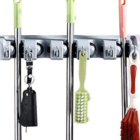 Lin-Tong Mop and Broom Holder, Multipurpose Wall Mounted Organizer Storage Hooks, Ideal Broom Hanger for Kitchen Garden and Garage (5 Position 6 Hooks)