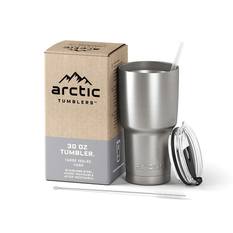 Arctic Tumblers Stainless Steel Camping & Travel Tumbler with Splash Proof Lid and Straw, Double Wall Vacuum Insulated, Premium Insulated Thermos - (Stainless Steel, 30 oz)