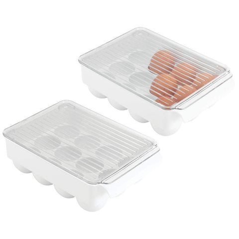 mDesign Stackable Plastic Covered Egg Tray Holder, Storage Container and Organizer for Refrigerator, Carrier Bin with Lid with Handle - Holds 12 Eggs - 2 Pack - White/Clear