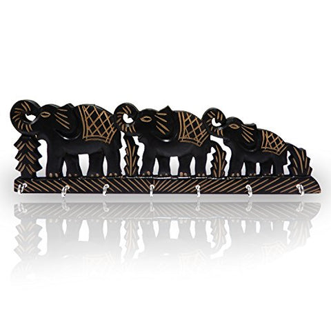 IndiaBigShop Wooden Key Holder Triple Elephant Design, Black Color Key Hangers, wall key holders, key organizer, key hooks, Easter Day/Mothers Day/Good Friday Gift