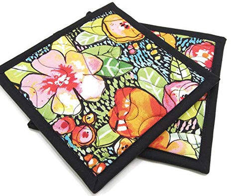 Floral Pot Holders - Colorful Flowers with Green Leaves on Black Cotton Fabric - Set of 2-8 inch Square