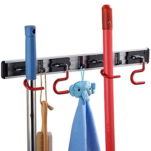 Cavoli Mop Broom Holder Wall Mounted S Type,Garage Storage Holds Up to 7 Tools and Over 50 pounds 17.5 Inches,Base Made by Aluminum Metal (4 Positions and 3 Hooks)