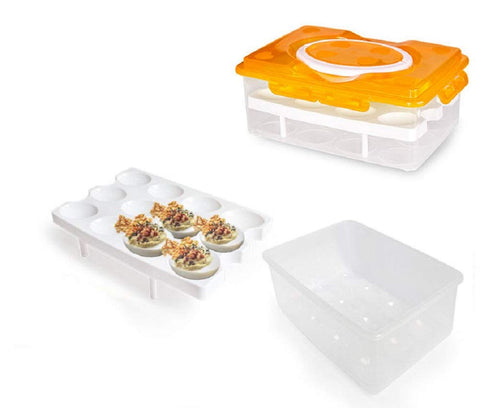2 Tiers Egg Container Deviled Egg Carrier Eggs Holder with Handle Fridge Freezer Storage by DELIFUR (Orange)