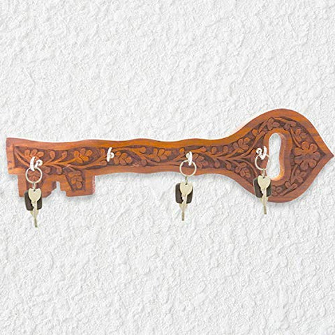 IndiaBigShop Wooden Handmade Key Shaped Key Holder with Brass and Decorative Design Key Hanger
