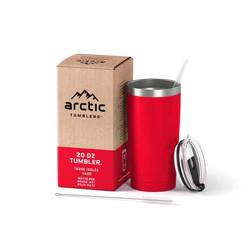 Arctic Tumblers Stainless Steel Camping & Travel Tumbler with Splash Proof Lid and Straw, Double Wall Vacuum Insulated, Premium Insulated Thermos (20 oz Tumbler, Matte Red Powder Coat)