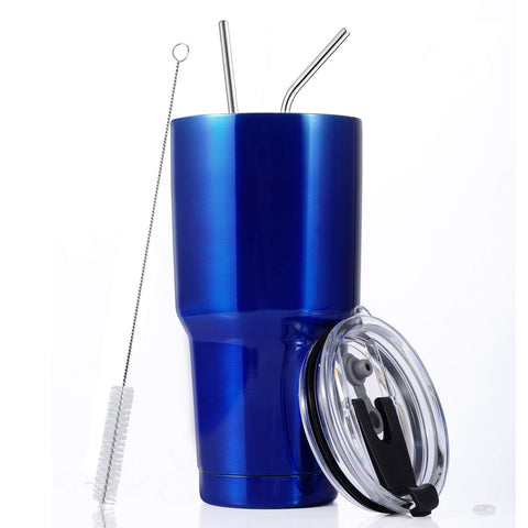 30oz Stainless Steel Insulated Blue Tumbler Travel Mug with Straw Slider Lid, Cleaning Brush, Double Wall Vacuum