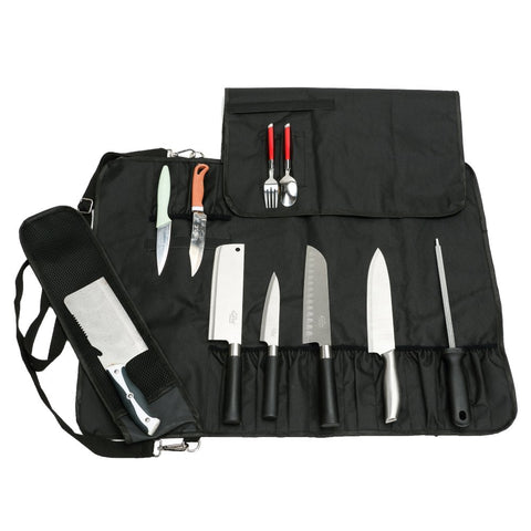 Chef Knife Roll Bag Multi-Purpose Chef Knife Case with Zippered Mesh Pocket Handle and Shoulder Strap, Holds 12 Knives, 1 Meat Cleaver, And 3 Utensil Pockets CYGJB34