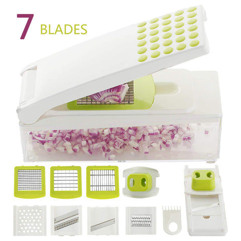 Smile mom Manual Vegetable Slicer Dicer Onion Chopper 7 in 1 Hand-Powered Grater Cutter Set for Fruit Cucumber Carrot Potato with 7 Stainless Steel Blades Hand Protector and Cleaning Tool