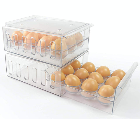 Foxko Egg Holder, Refrigerator Storage Organizer For Kitchen, Stackable Container, Holds 24 Eggs, Removable Drawer