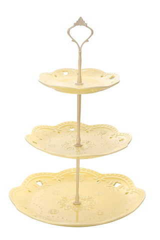 3 -Tier Ceramic Cupcake Stand - Elegant Embossed Porcelain Dessert Display Cake Stand - For Birthday Weddings Tea Party Colorful and Diverse (Canary Yellow)