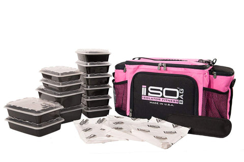 Isolator Fitness 6 Meal ISOBAG Meal Prep Management Insulated Lunch Bag Cooler with 12 Stackable Meal Prep Containers, 3 ISOBRICKS, and Shoulder Strap - MADE IN USA (Pink/Black)