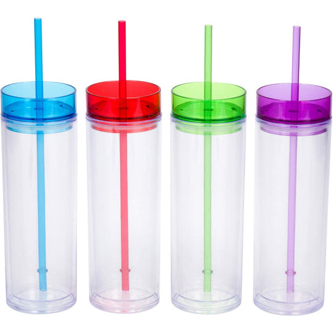 12 Acrylic Tumblers with Lids and Straws, 16oz Skinny Travel Cups, Insulated Double Wall (Tinted)
