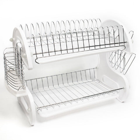 2 Tier Dishes Drainer White Kitchen Sink Drying Rack Sleek Contemporary Design