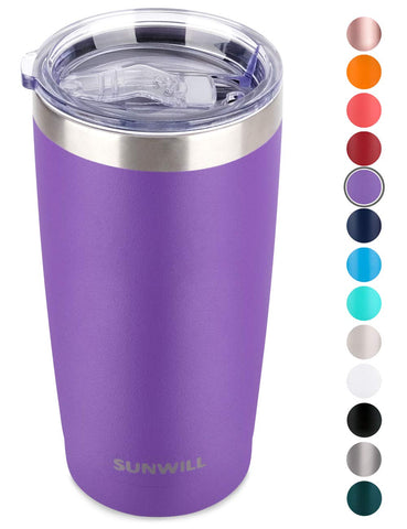 SUNWILL 20oz Tumbler with Lid, Stainless Steel Vacuum Insulated Double Wall Travel Tumbler, Durable Insulated Coffee Mug, Powder Coated Purple, Thermal Cup with Splash Proof Sliding Lid