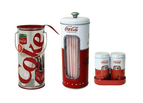 Coca Cola Salt & Pepper Shaker, Straw Holder & Utensil Holder Set