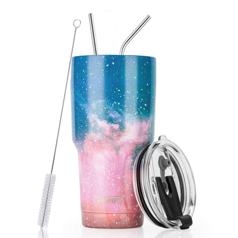 30oz Stainless Steel Insulated Sky Pink Tumbler Travel Mug with Straw Slider Lid, Cleaning Brush, Double Wall Vacuum