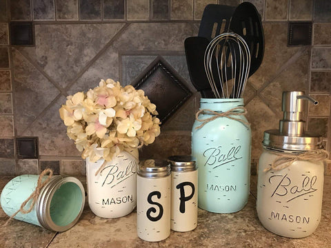 Ball Mason Jar KITCHEN PICK YOUR OWN PACK SET ~Pint Vase, Salt & Pepper Shakers, Utensil Holder, Stainless Steel Soap Dispenser ~Canning JARS Hand PAINTED Distressed ~Gray Light Blue Cream Tan