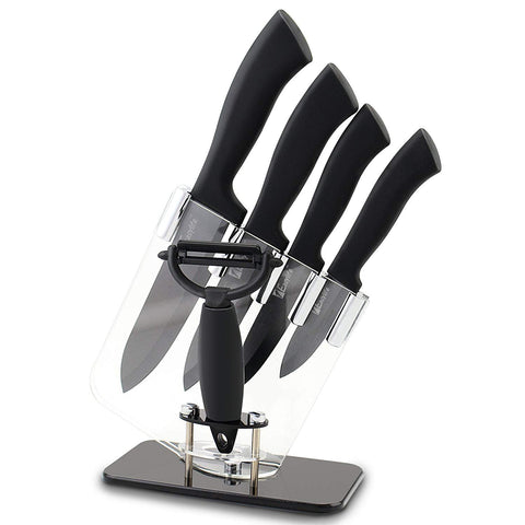1Easylife Professional 6 Piece Ceramic Knife Cutlery and Peeler Set, Includes 6" Chef's, 5" Utility/slicing, 4" Paring, 3" Fruit Knife and One Peeler with Block, Black Handle and Black Blade (Black with Blocked)