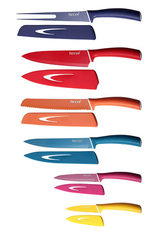 Hecef Colorful Knife Set with Covers,FDA Non-stick Stainless Steel Blade with PP Handle, Includes 8'' Chef, 8'' Slicing, 8'' Bread, 8'' Fork, 5'' Utility and 3.5'' Paring Knife (multi-color)